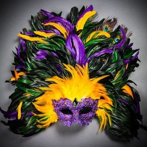 Luxury Women Carnival Masquerade Ball Mardi Gras Large Top Feather Venetian Mask